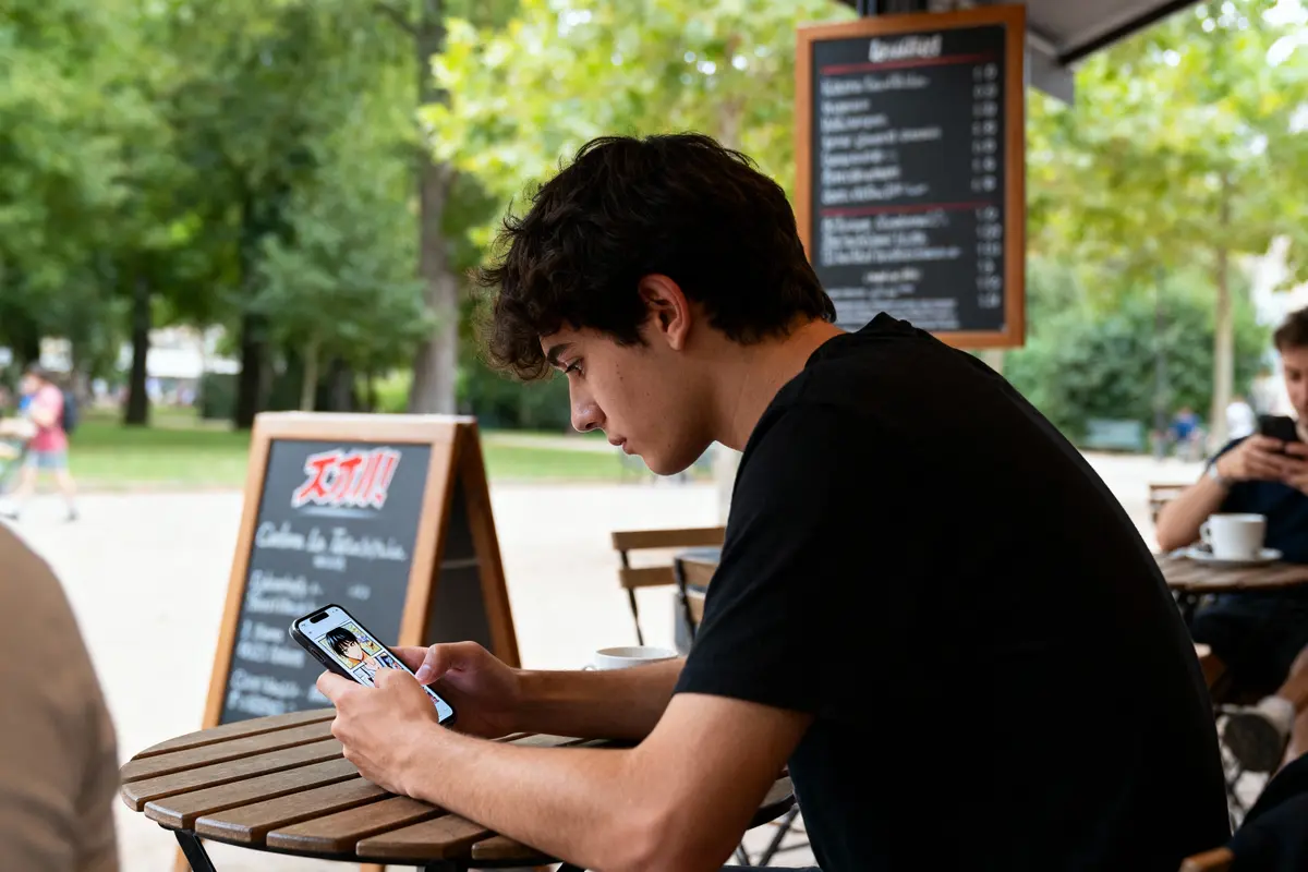 Jeune homme regardant son téléphone portable assis à une table de café en extérieur, menu à l'arrière-plan.