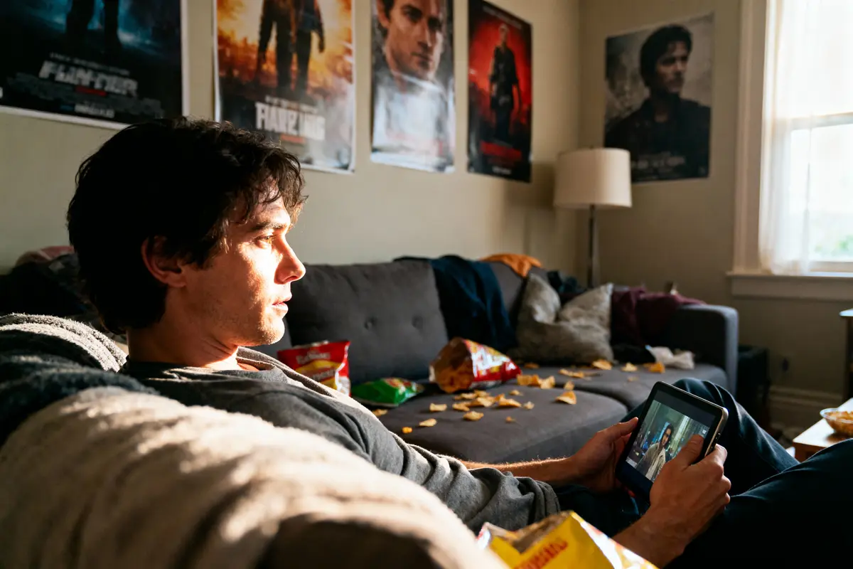 Homme sur canapé, regardant une tablette, entouré de chips, posters de films au mur.