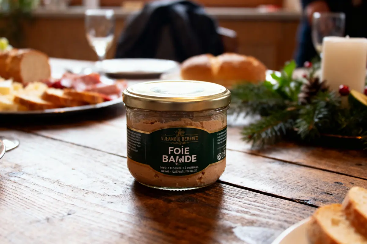 Pot de foie gras sur table en bois avec pain et décorations de Noël en arrière-plan flou.
