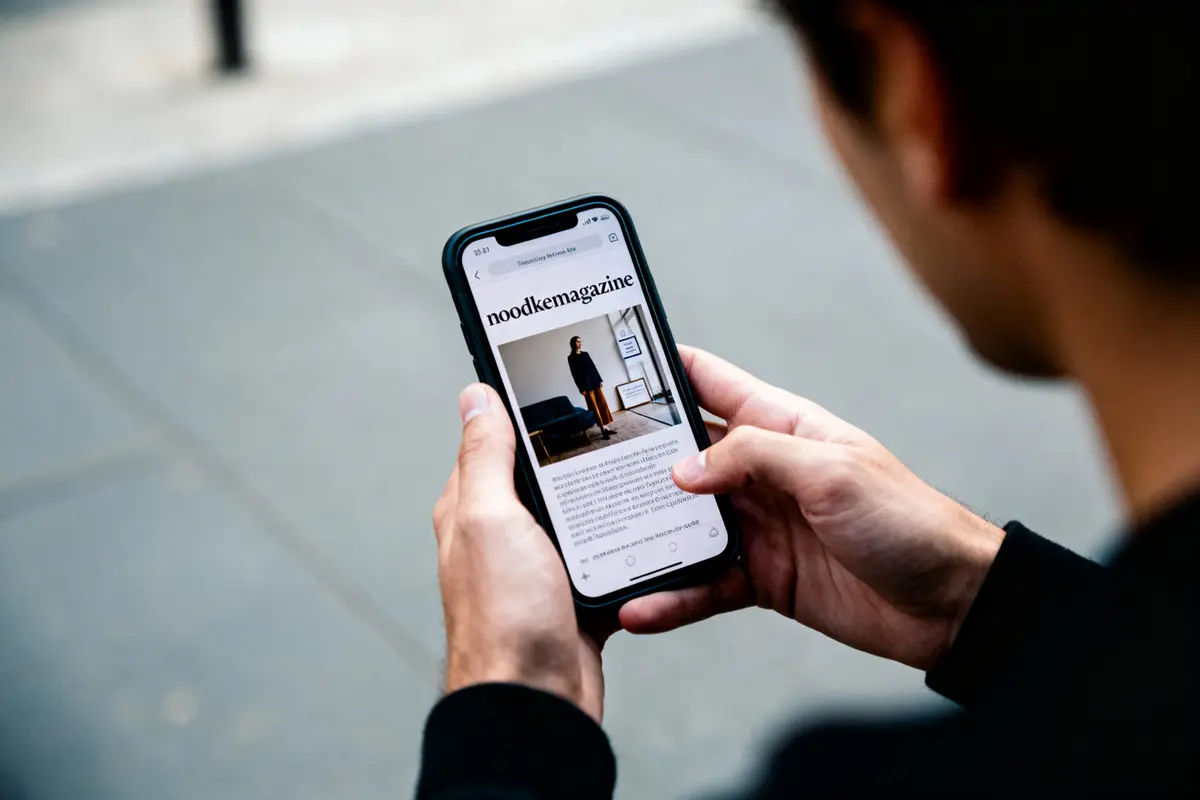 Un homme lit un article sur "noodkemagazine" sur son smartphone dans la rue.