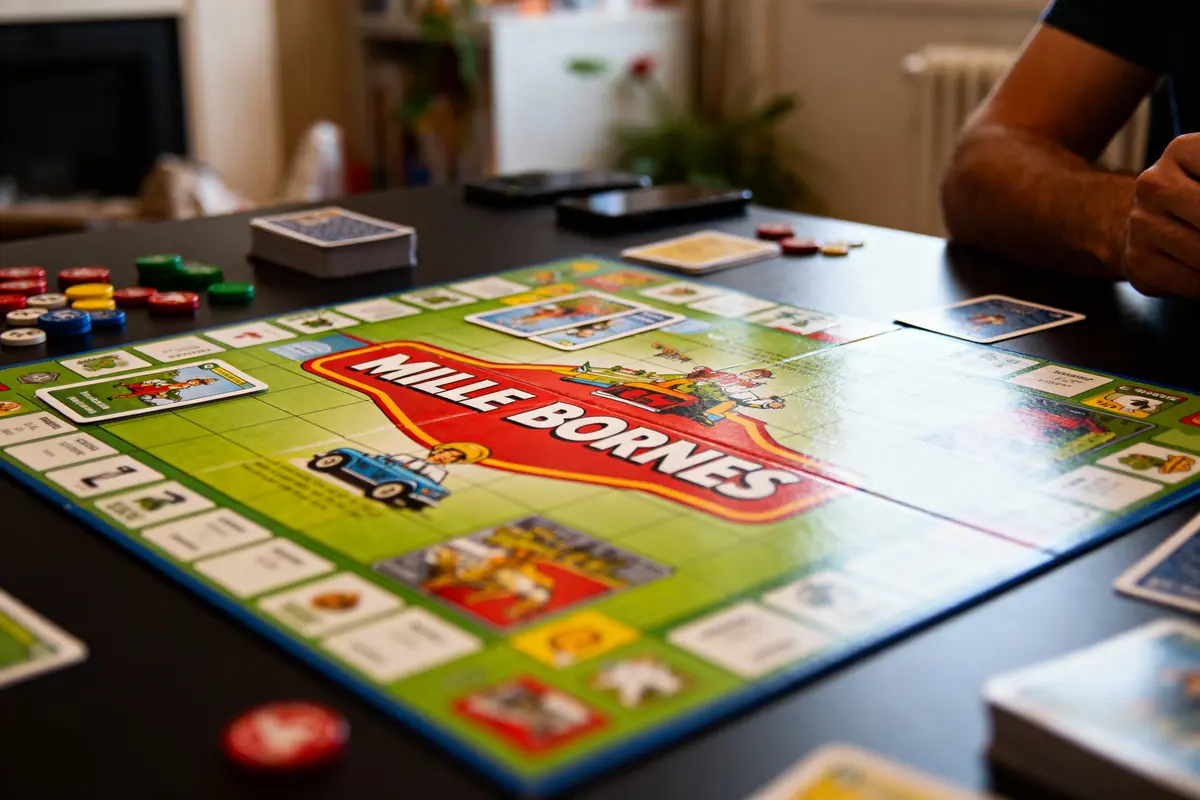 Plateau du jeu Mille Bornes avec des cartes et jetons, joueur à côté.