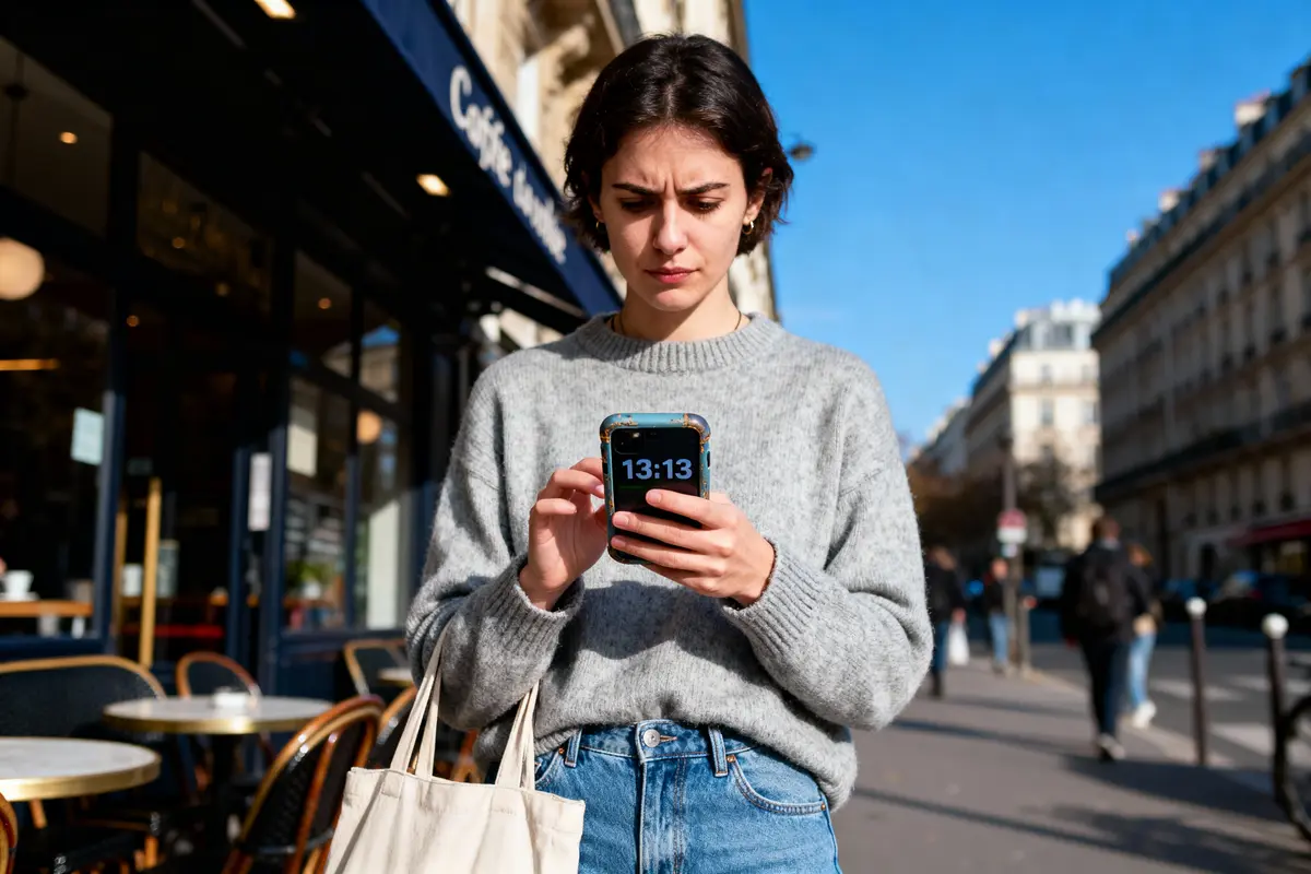 Femme concentrée sur son smartphone, debout devant café parisien, ciel bleu en arrière-plan, rue animée.