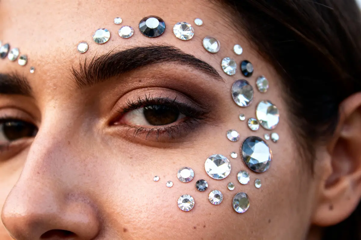 Yeux bruns avec strass scintillants autour, maquillage artistique élégant et créatif, gros plan du visage.