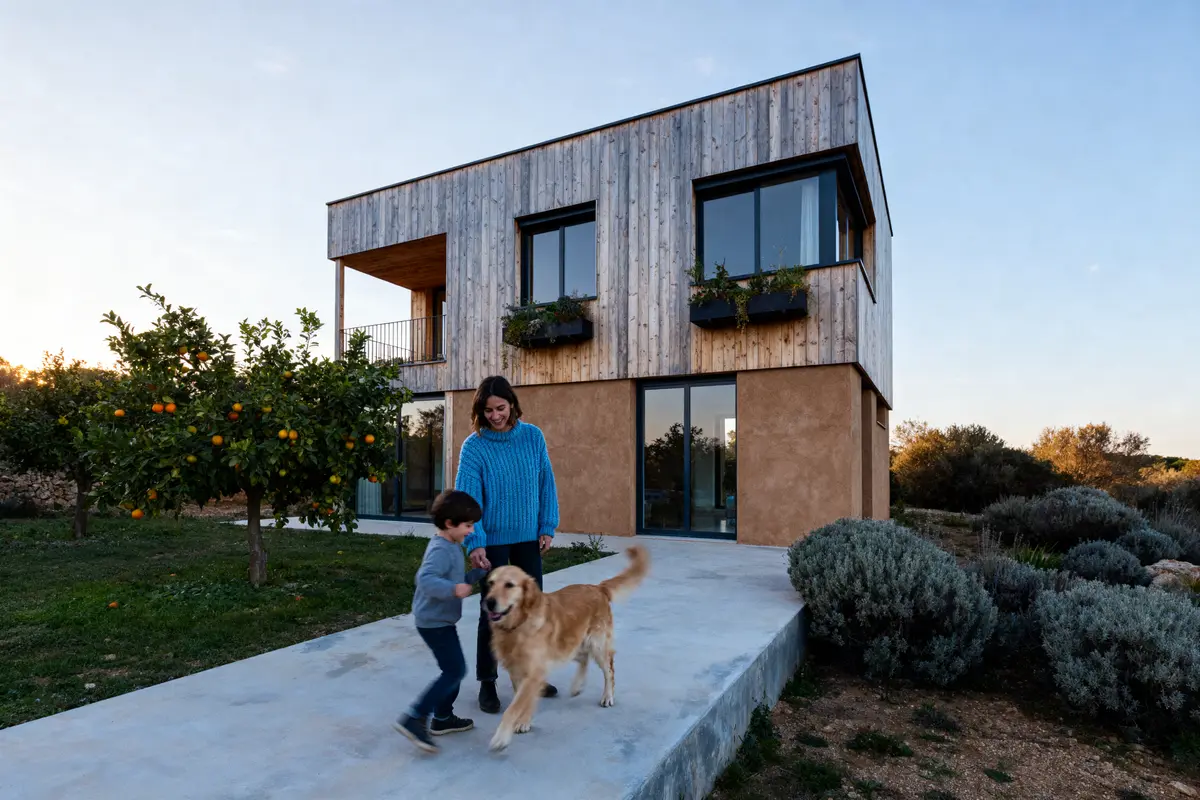 Maison moderne en bois, femme, enfant et chien devant, arbres fruitiers, ciel dégagé, ambiance chaleureuse.