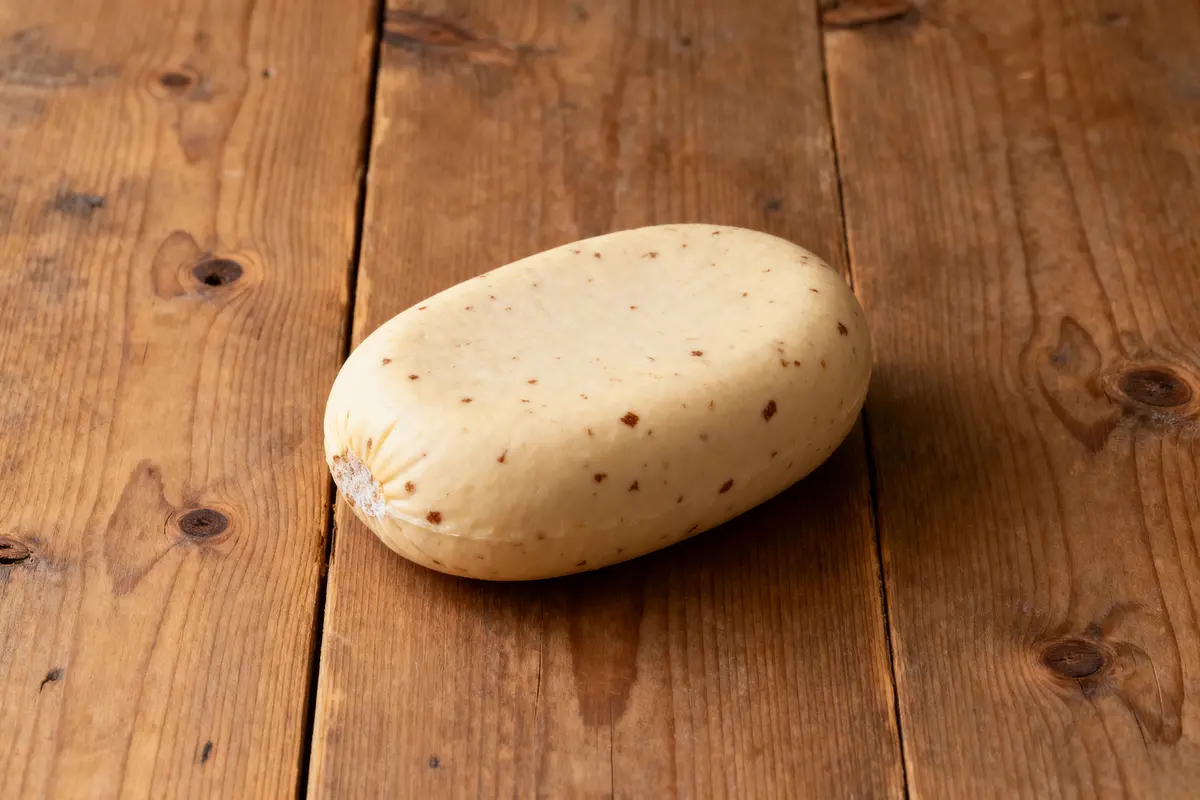 Bloc de polenta aux truffes sur une table en bois rustique.