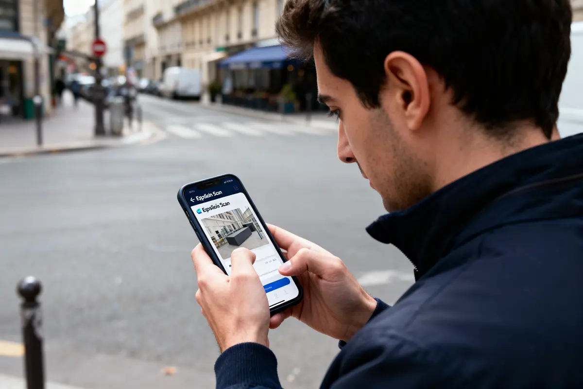 Homme utilisant une application de scan sur smartphone dans une rue urbaine.