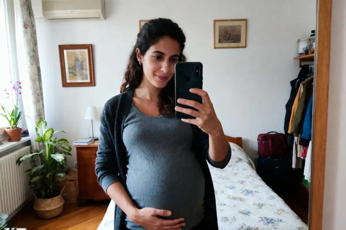 Femme enceinte prenant un selfie dans une chambre, avec plantes et tableaux en arrière-plan.