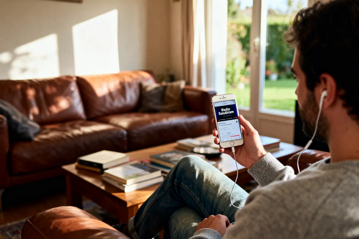 Homme écoutant de la musique avec des écouteurs, assis sur un canapé, utilisant un smartphone, intérieur lumineux.
