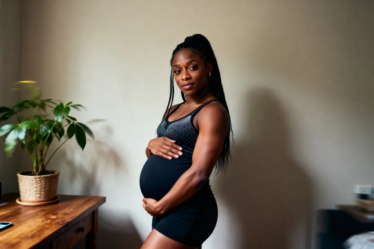 Femme enceinte souriante tenant son ventre, posant à côté d'une plante dans un intérieur lumineux.