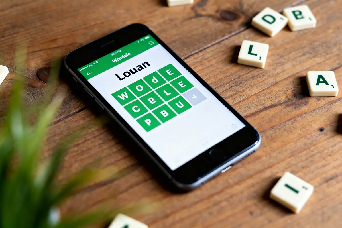 Téléphone avec jeu de lettres sur une table en bois, tuiles scrabble autour.