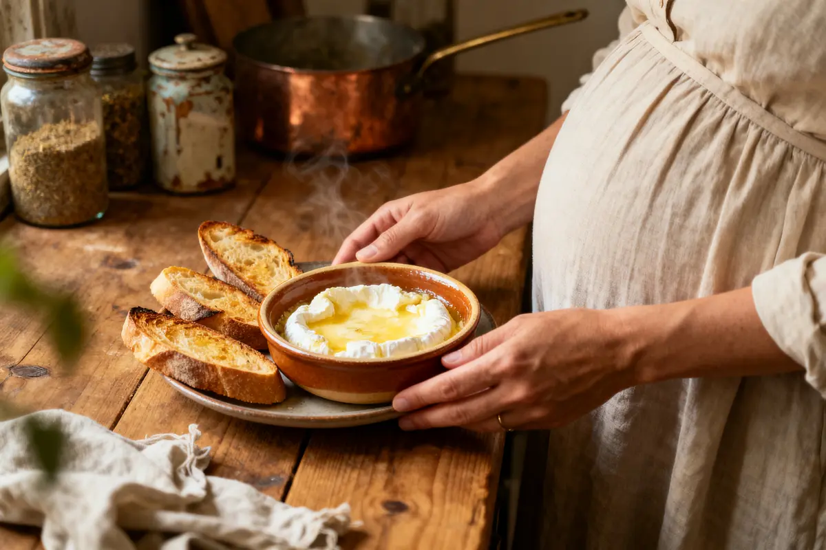 Personne enceinte tenant plat de fromage chaud et toasts sur table en bois de cuisine.