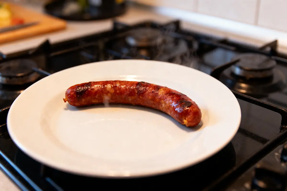 Saucisse grillée sur une assiette blanche, posée sur une cuisinière à gaz, cuisine en arrière-plan.