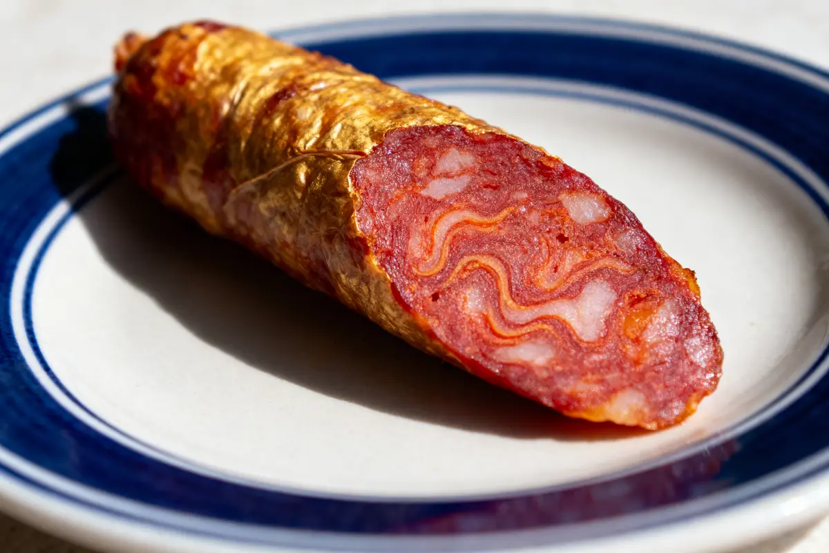 Saucisson tranché sur assiette blanche à bord bleu, lumière naturelle.