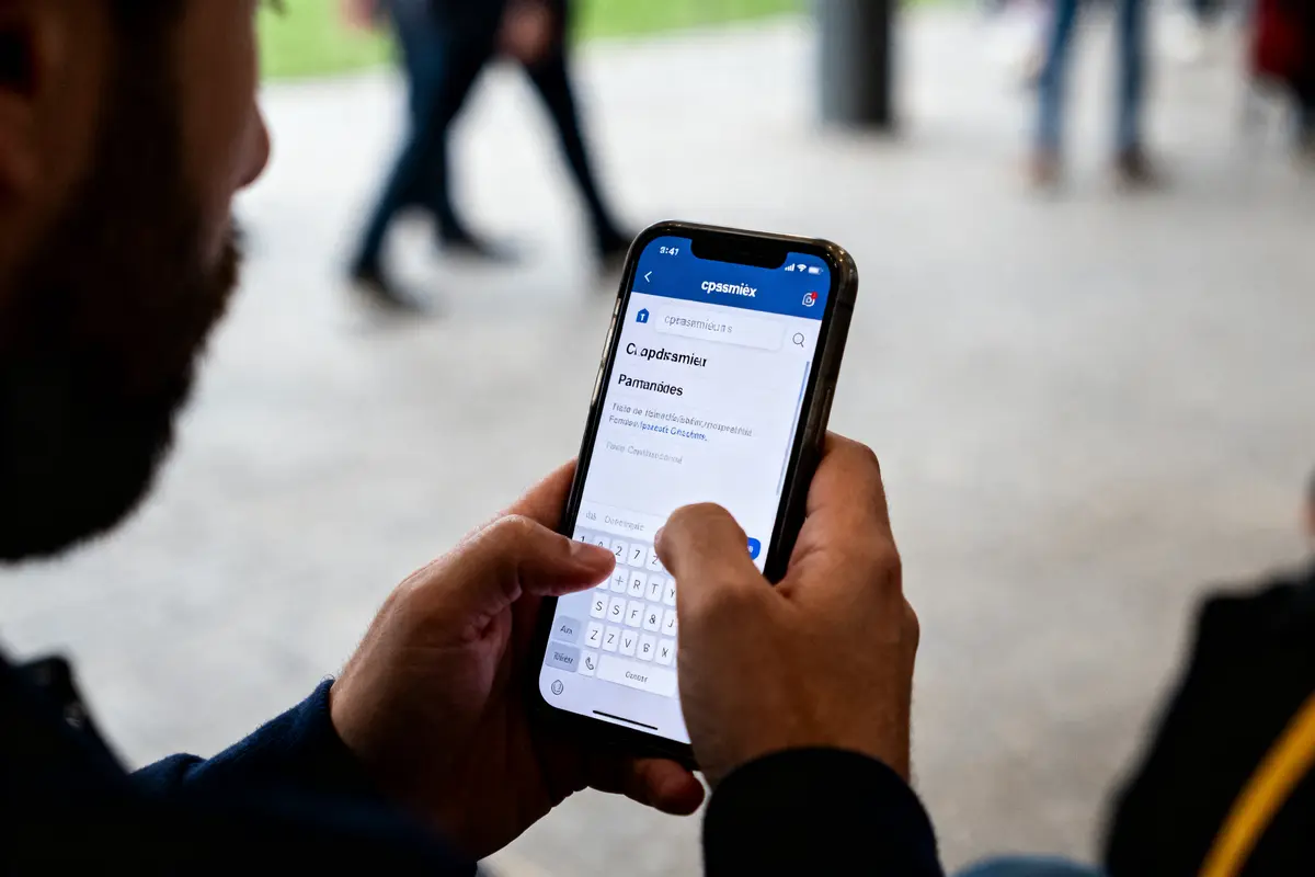 Un homme utilisant un smartphone, écran avec texte en cours de saisie, en extérieur, passants flous.