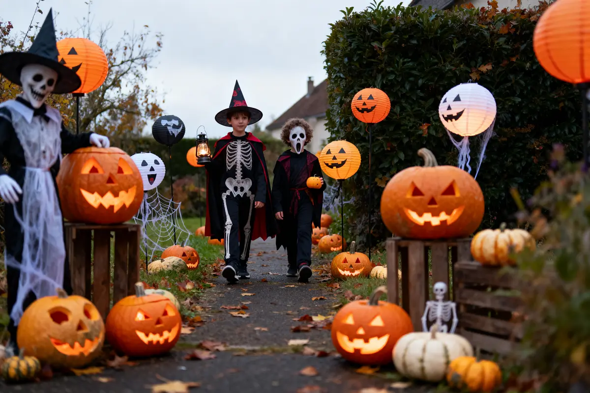 Enfants déguisés en squelettes marchant entre citrouilles sculptées et décorations d'Halloween lumineuses.