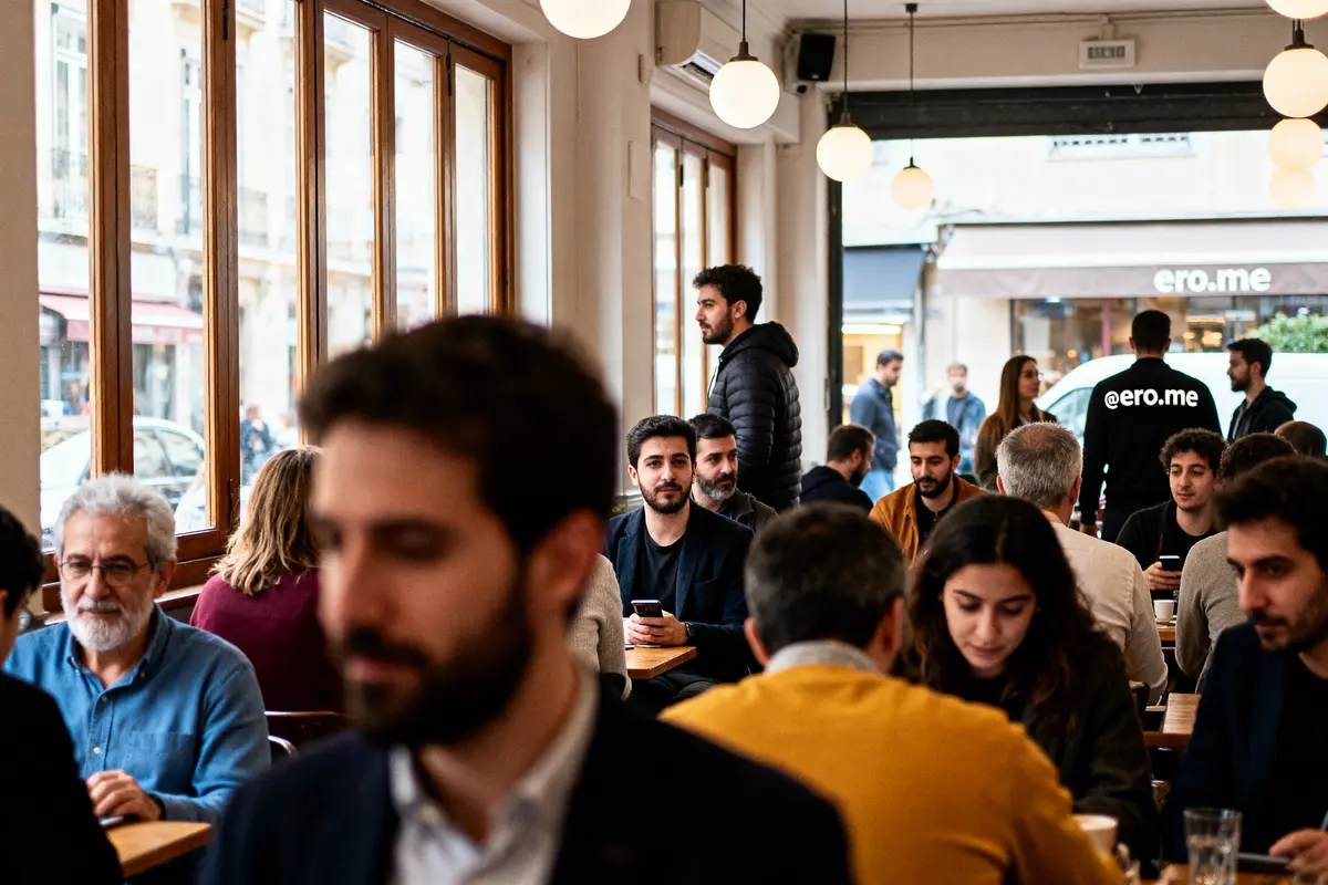 Groupe de personnes discutant dans un café lumineux avec grandes fenêtres et lumières suspendues.
