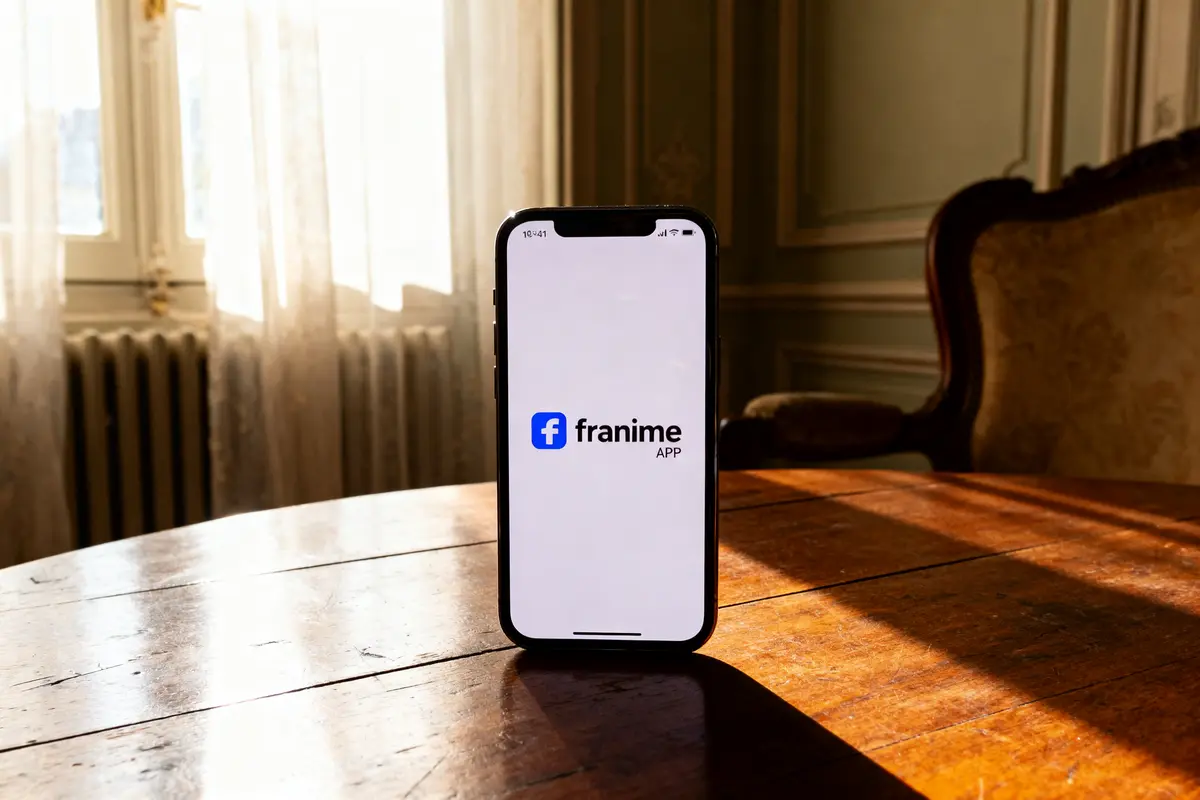 Smartphone sur table en bois, affichant l'application "franime" avec logo bleu, dans une pièce ensoleillée.