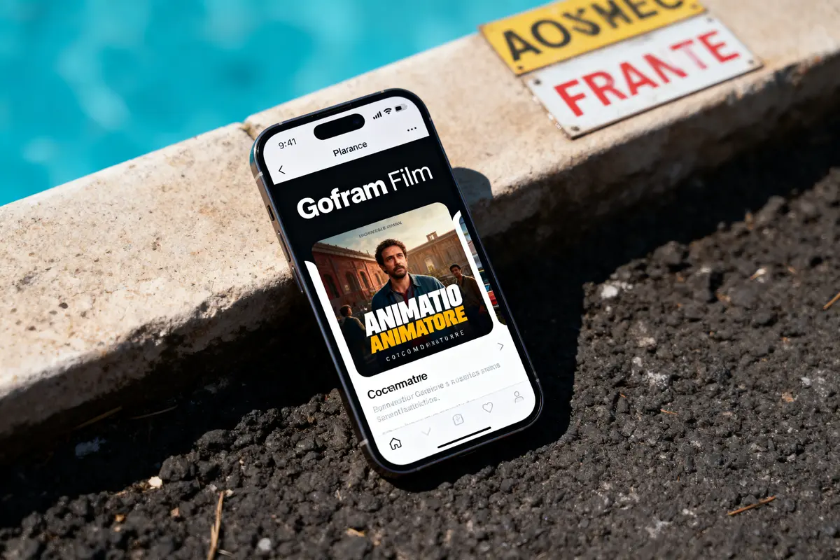 Smartphone affichant "Gofram Film" près d'une piscine, sur sol en béton avec des panneaux.