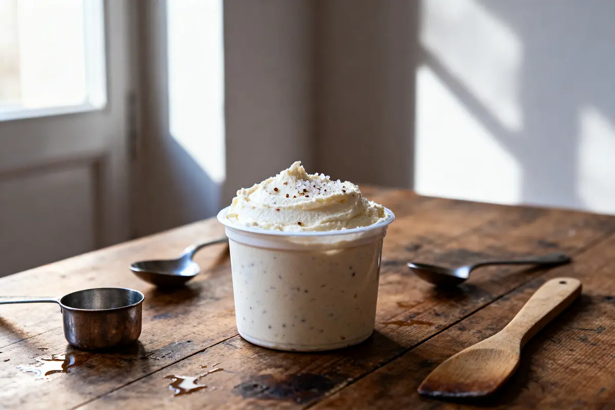 Pot de crème avec épices sur table en bois, cuillères et spatule autour. Lumière douce.