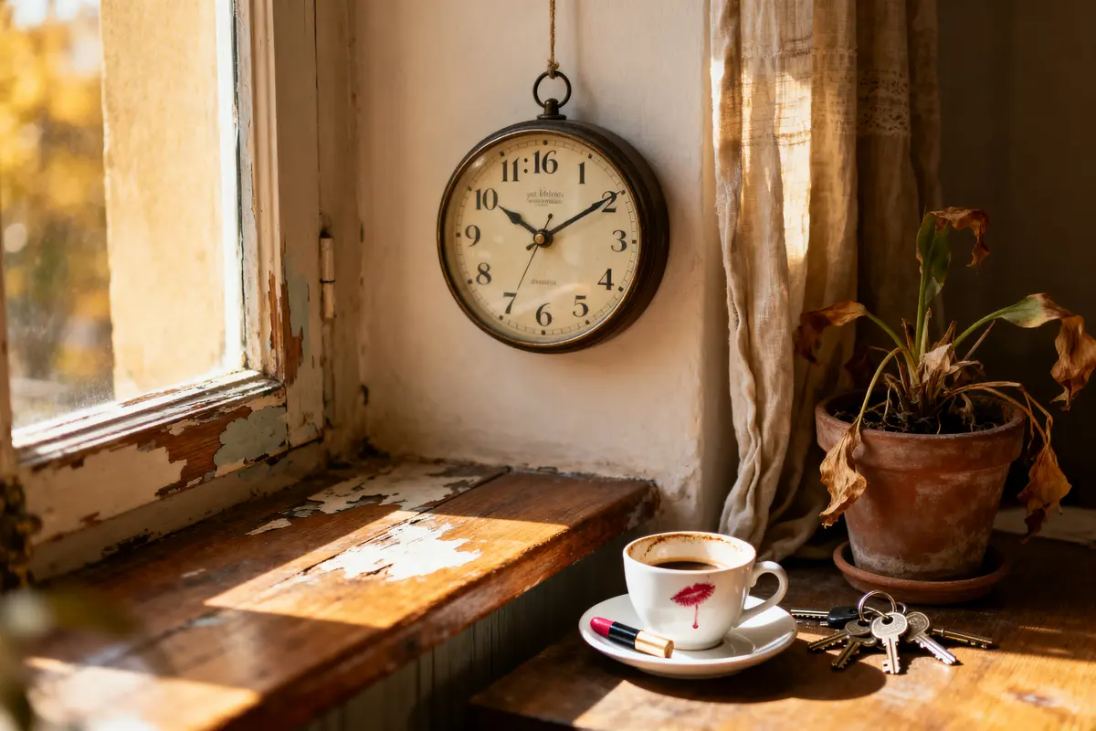 Horloge murale ancienne, fenêtre ensoleillée, tasse café rouge à lèvres, plantes fanées, clés, rouge à lèvres.