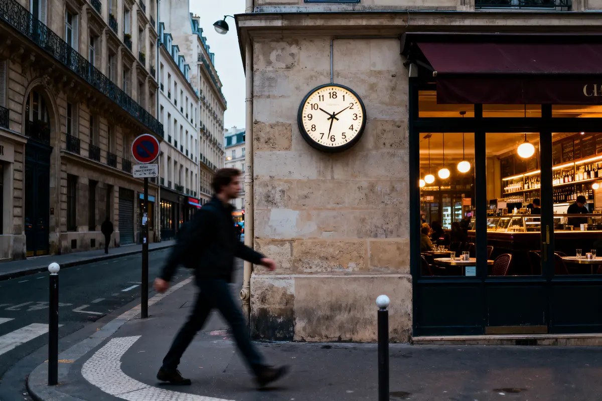 Homme marchant devant un café parisien illuminé, horloge murale, bâtiments historiques en arrière-plan.