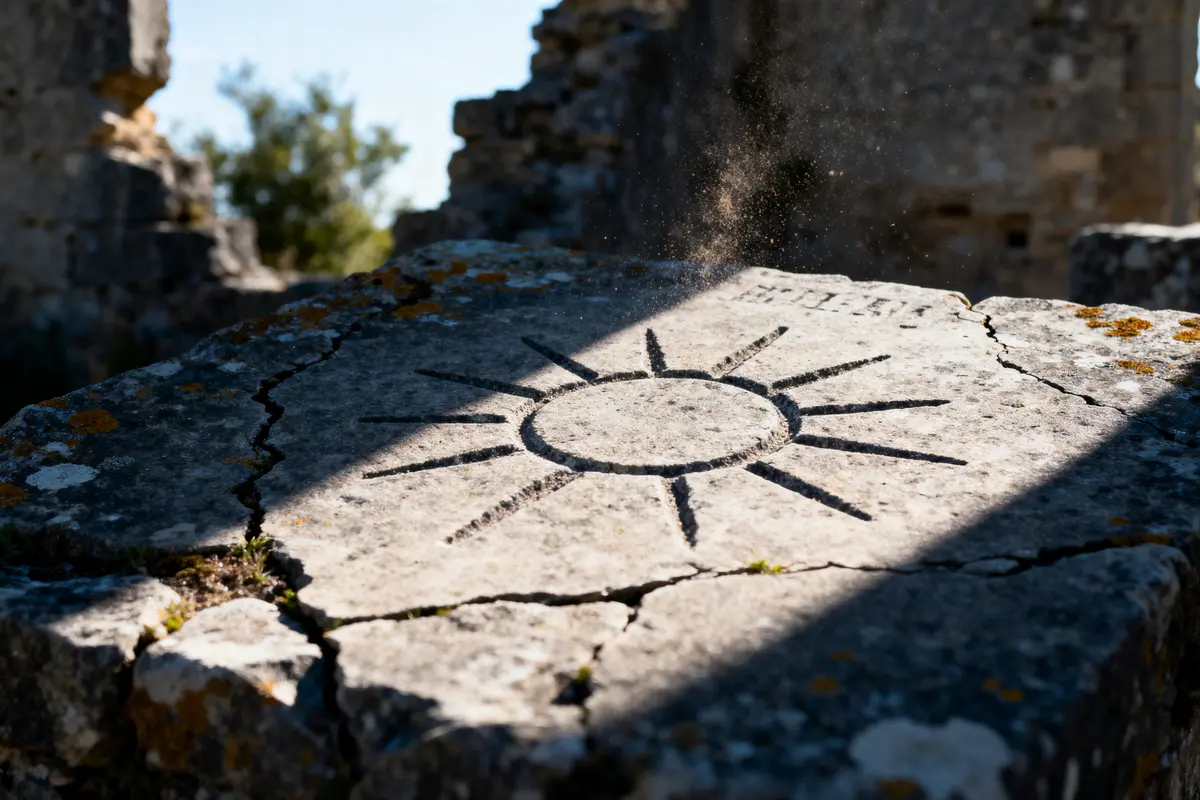 Pierre gravée d'un soleil, partiellement ombragée, entourée de ruines anciennes et végétation en arrière-plan.