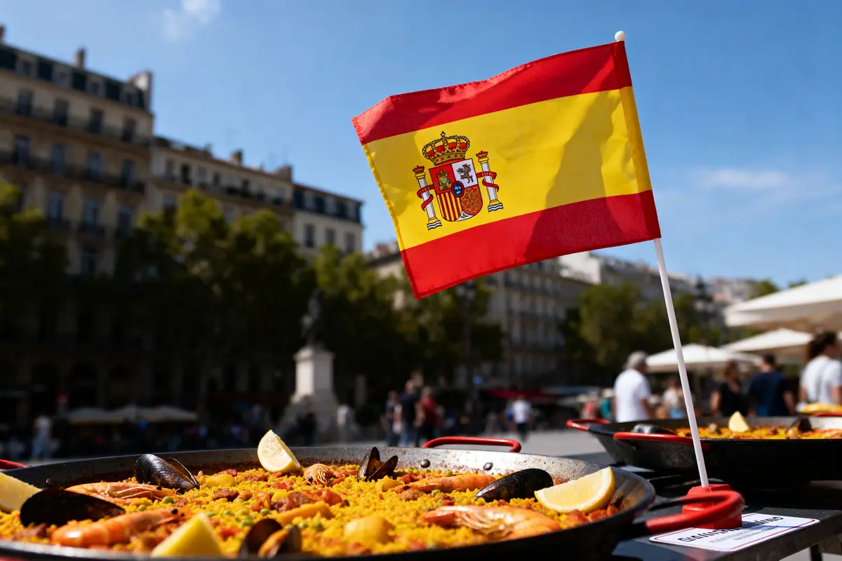 Paella garnie de fruits de mer, drapeau espagnol en arrière-plan, place animée, bâtiments historiques.