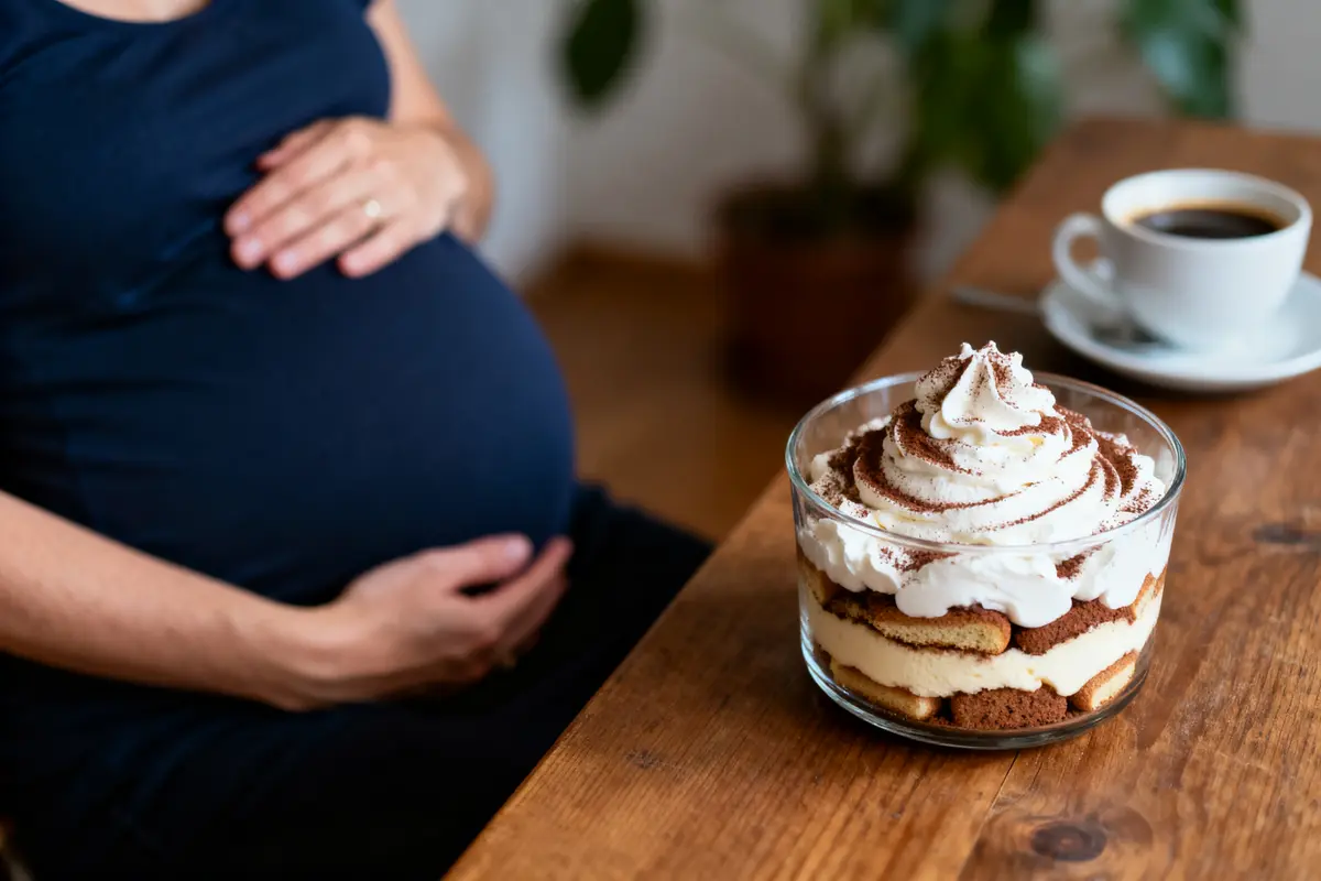 Personne enceinte tenant son ventre, avec dessert et café sur une table en bois.