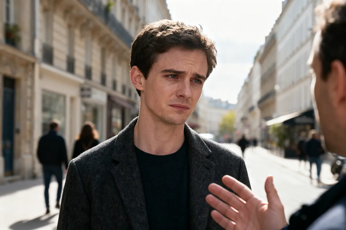 Un homme brun, en manteau gris, écoute un autre homme dans une rue ensoleillée, style parisien.