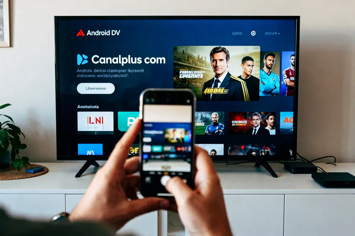 Télévision affichant interface Canalplus com, personne tenant smartphone en gros plan, application Android DV visible.
