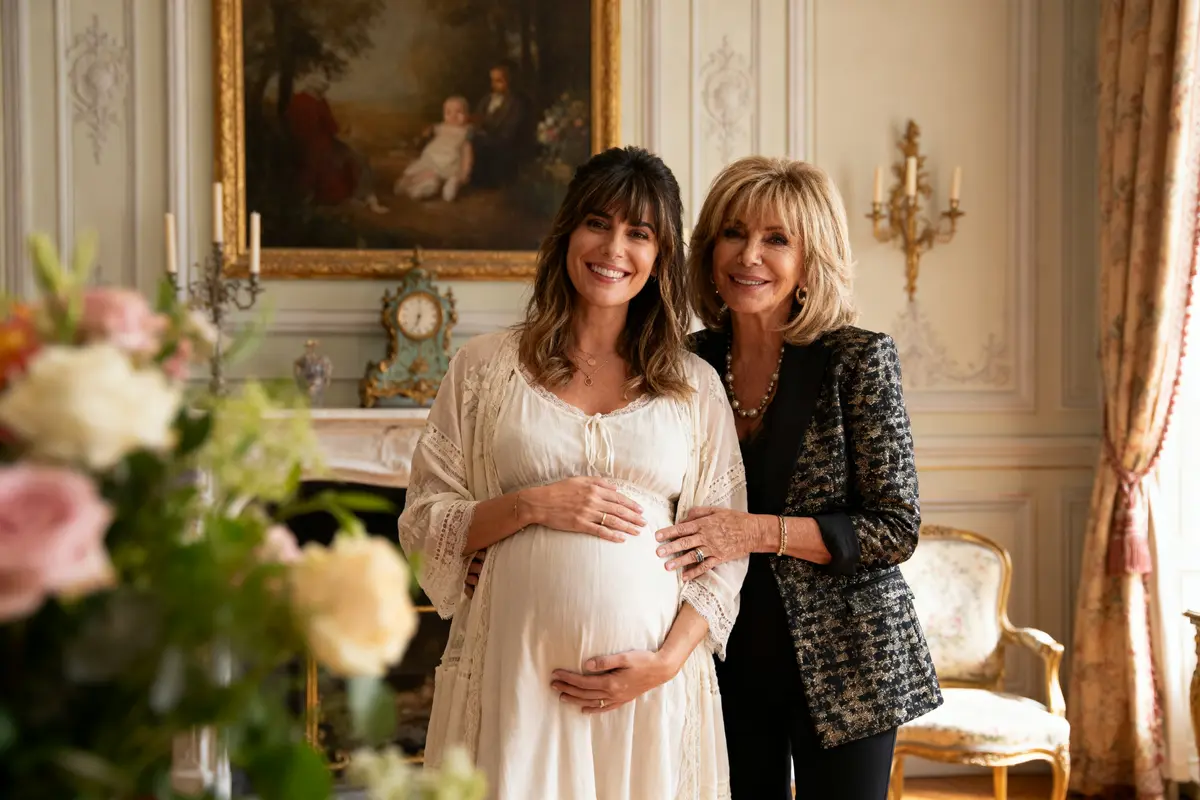 Deux femmes souriantes dans un intérieur élégant avec tableau, fleurs et horloge en fond.
