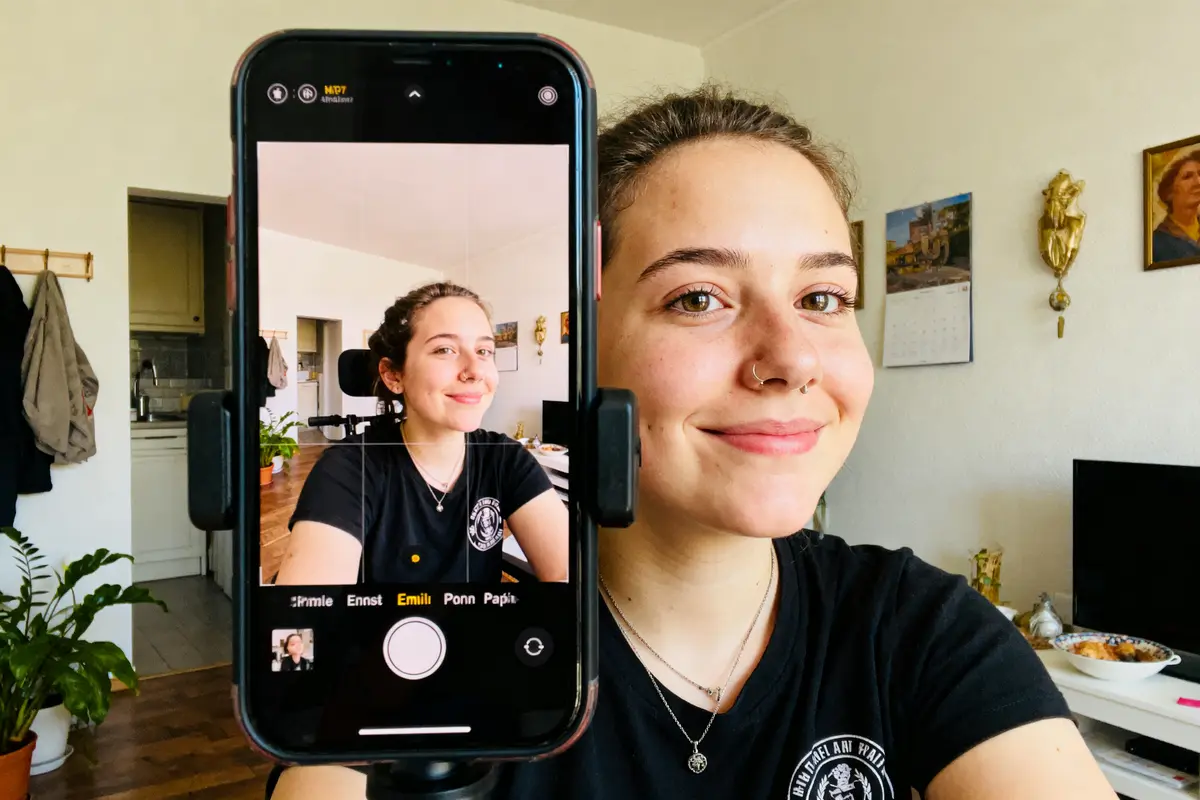 Jeune femme souriante prend un selfie avec smartphone, assise dans un salon lumineux.