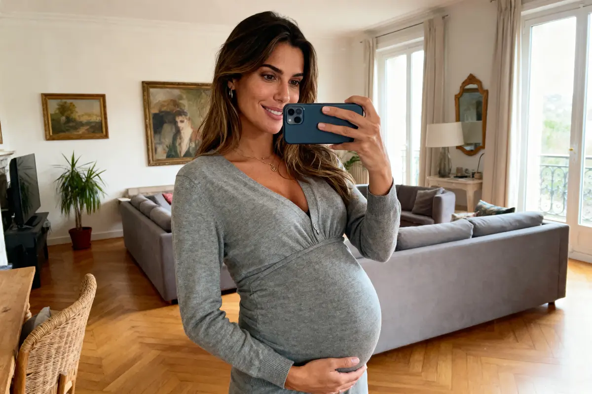 Femme enceinte souriante prenant un selfie dans un salon élégant et lumineux.
