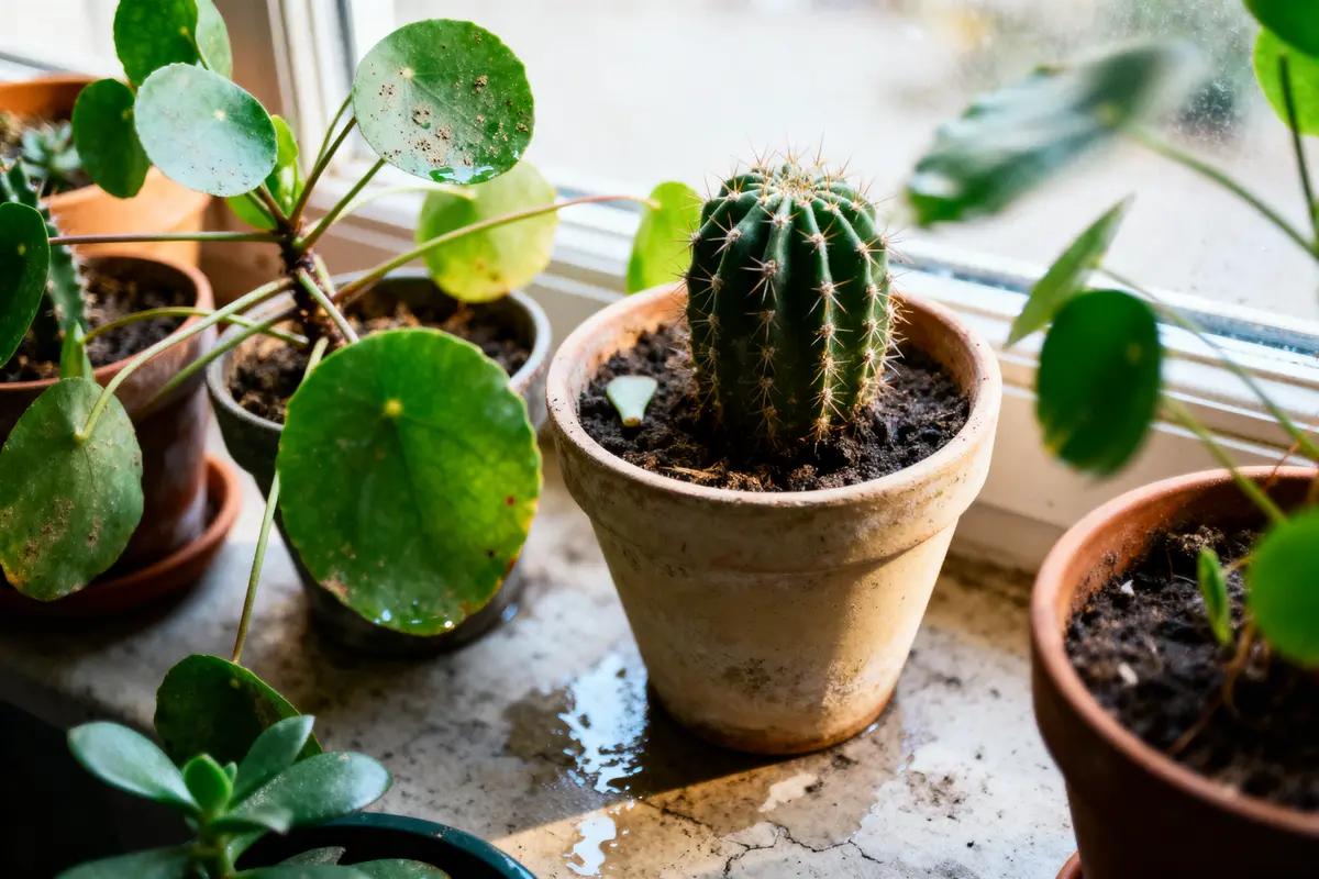 Plantes en pots, incluant un cactus, sur rebord de fenêtre ensoleillé avec feuilles vertes.