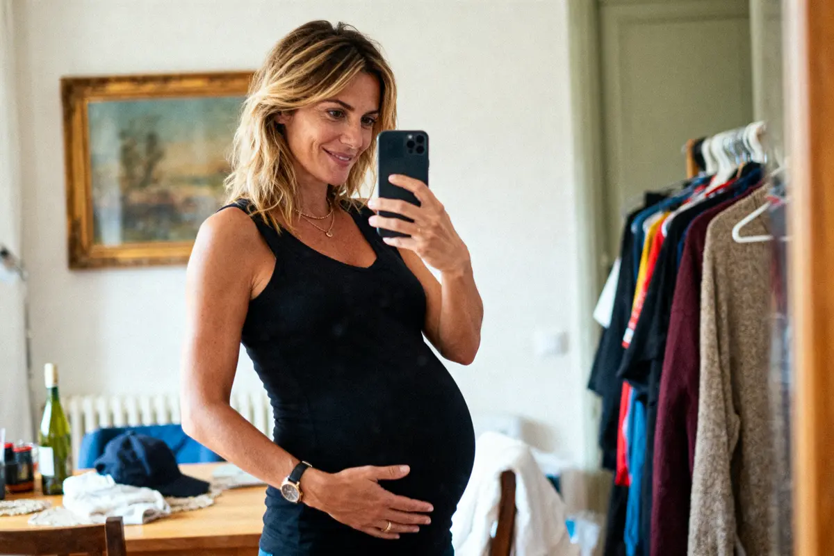 Femme enceinte souriant, prenant un selfie dans un miroir, vêtements suspendus à l'arrière-plan.