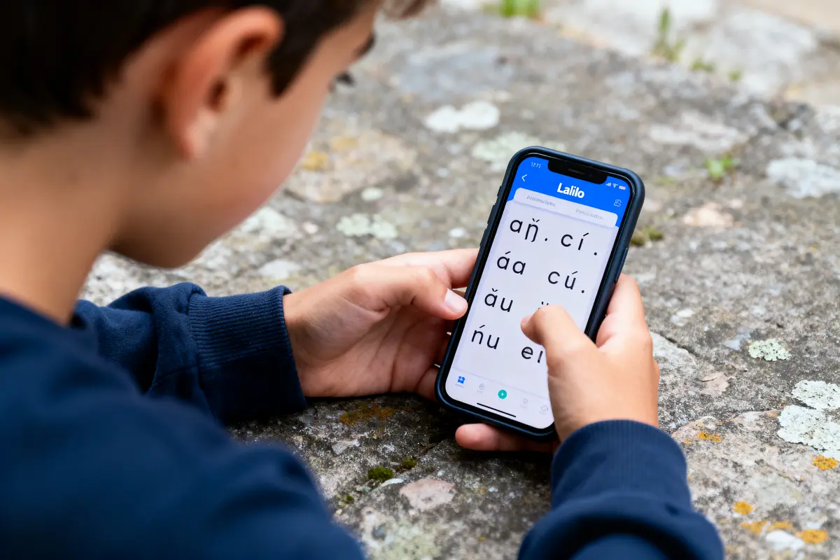 Un enfant utilise une application d'apprentissage sur smartphone, extérieur, texte en caractères spéciaux affiché.