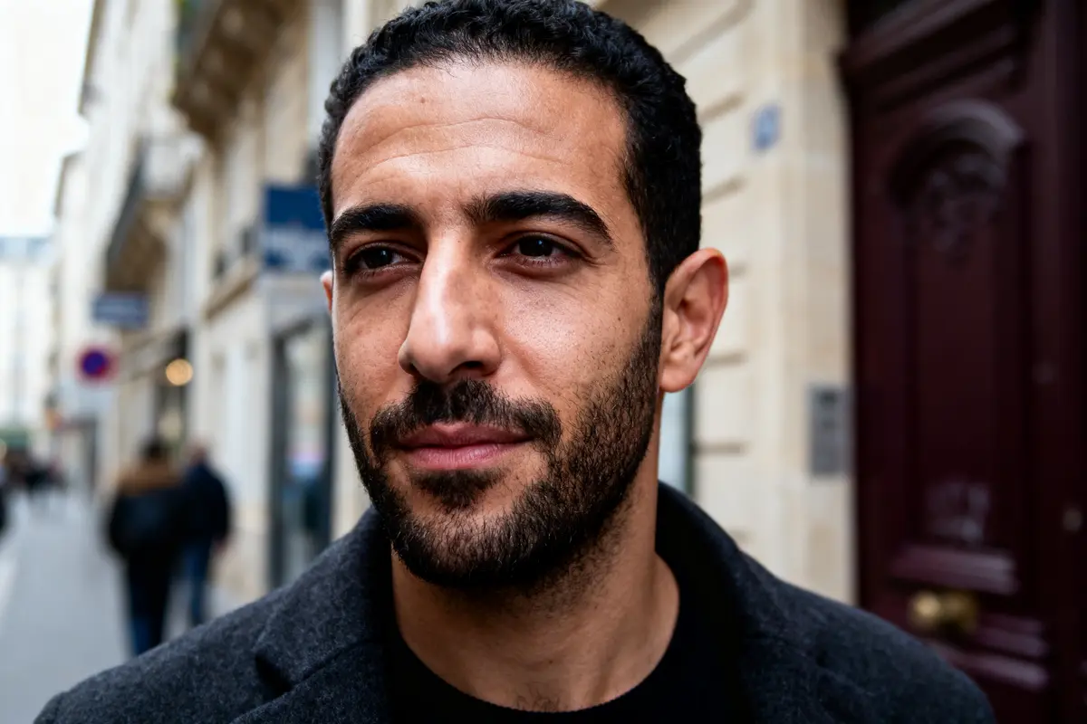 Homme barbu avec cheveux courts, marchant dans une rue urbaine bordée de bâtiments, regard confiant.
