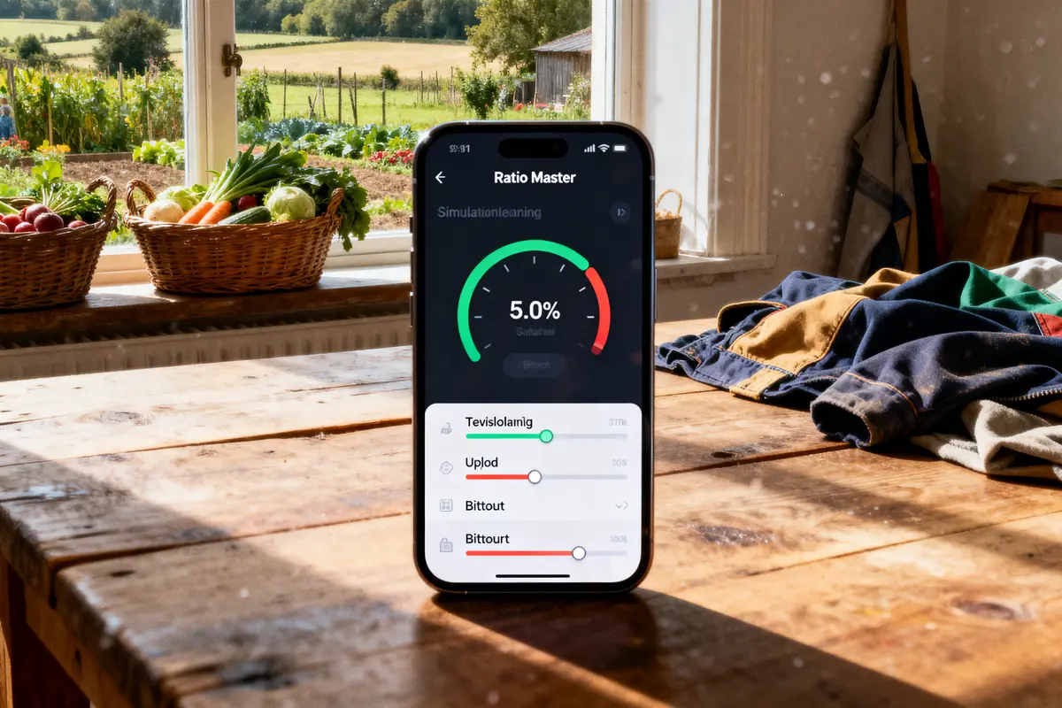 Smartphone affichant une application de gestion sur une table, arrière-plan champ verdoyant et paniers de légumes.