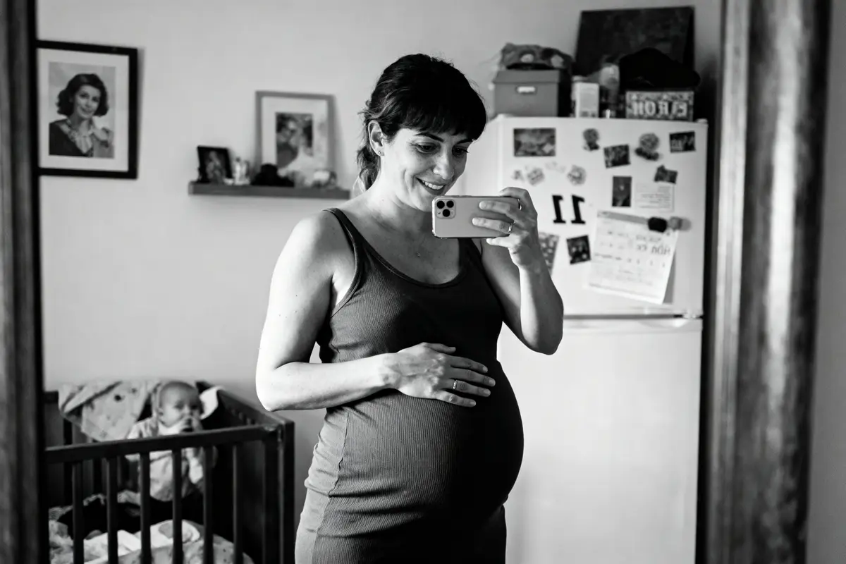 Femme enceinte prend selfie, bébé dans lit, photos encadrées et réfrigérateur derrière. Noir et blanc.