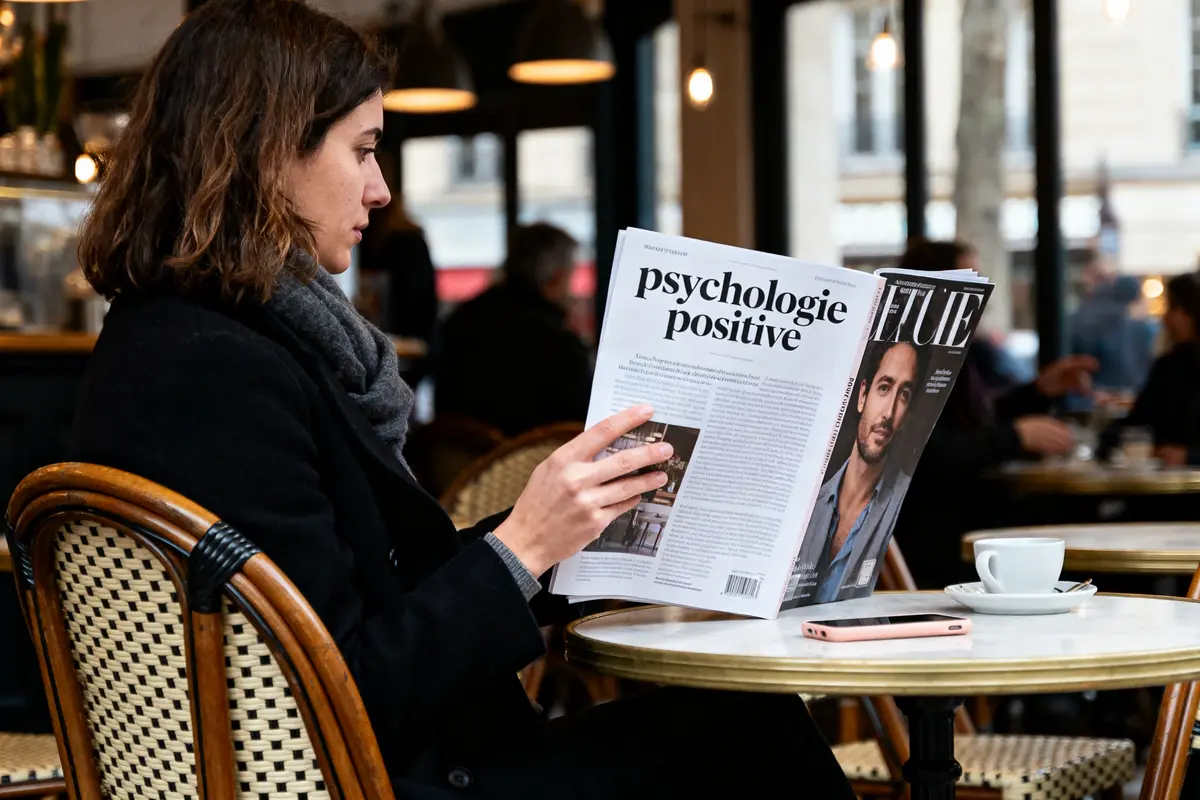 Une femme lit un magazine sur la psychologie dans un café parisien, tasse de café à côté.