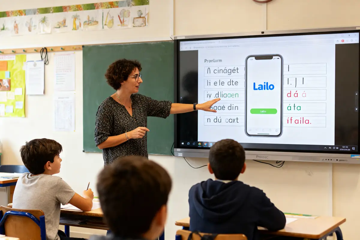 Enseignante montrant un tableau interactif à des élèves en classe, expliquant une application éducative.