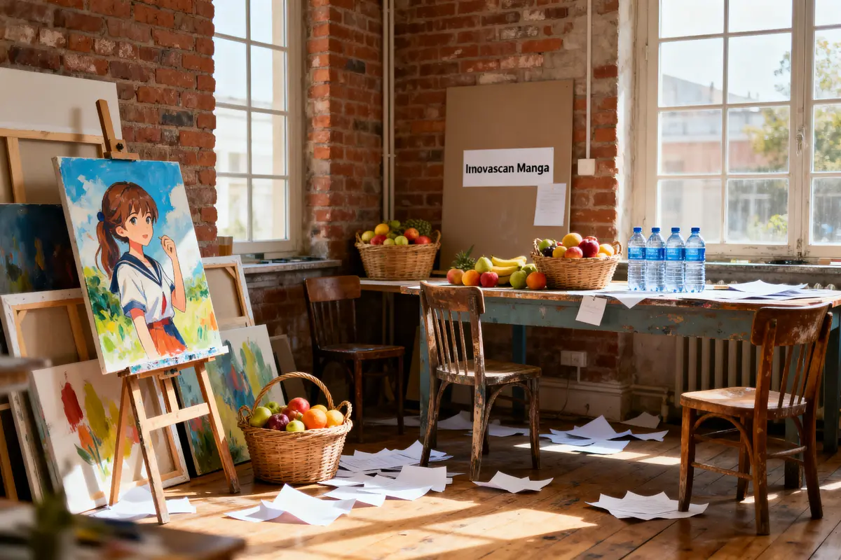 Atelier artistique lumineux avec chevalet, peinture manga, paniers de fruits, bouteilles d'eau, et feuilles éparses.