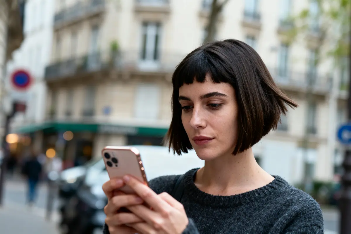 Femme brune vérifie son smartphone dans une rue urbaine, bâtiments flous en arrière-plan.