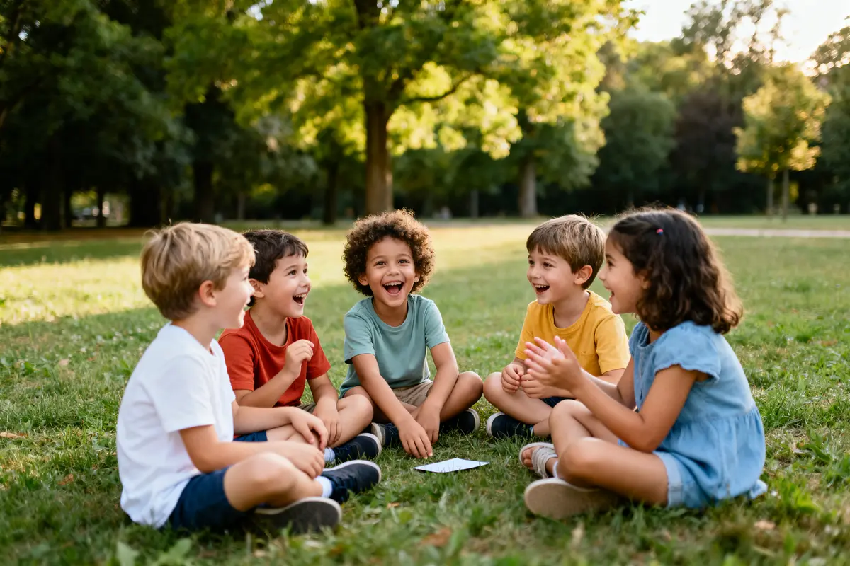 Cinq enfants assis sur l'herbe, riant ensemble dans un parc ensoleillé, entourés d'arbres.