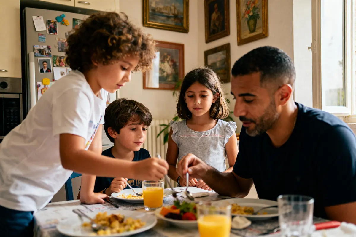 Une famille partage un repas avec trois enfants et un adulte autour d'une table.