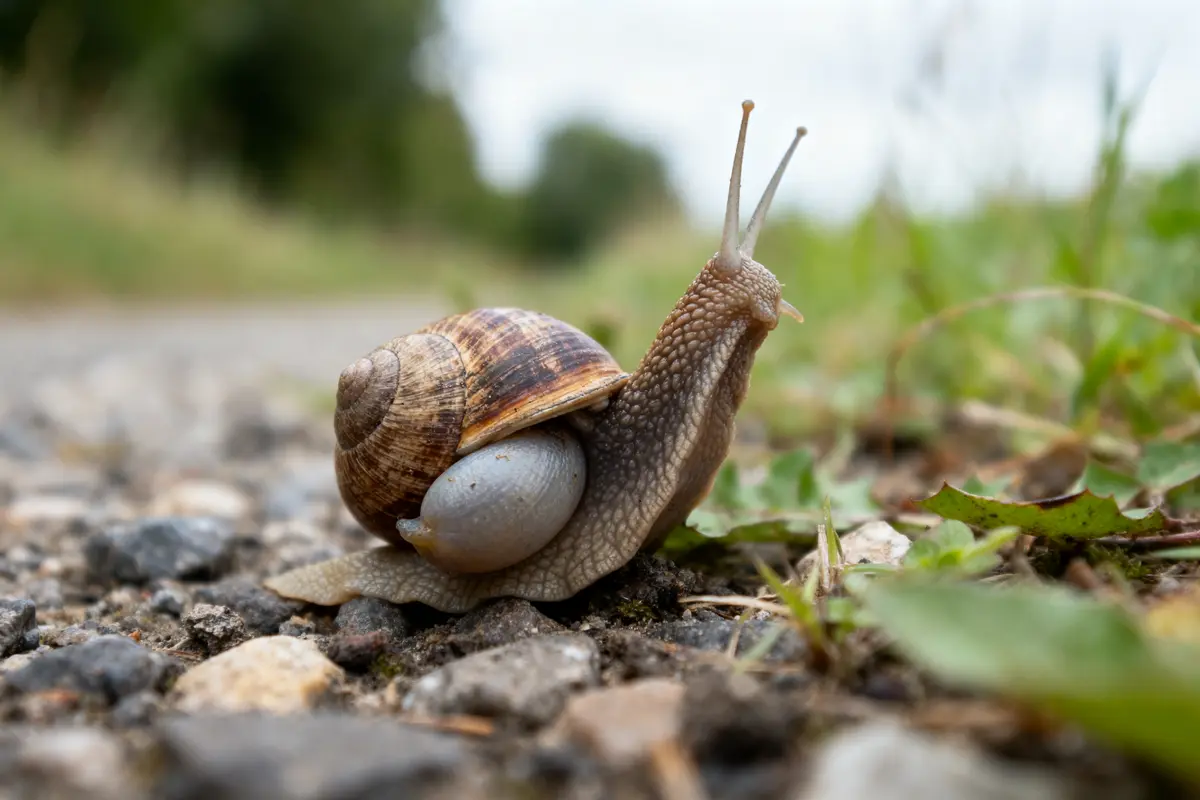 Escargot sur chemin caillouteux, herbe verte, coquille brunâtre, ciel gris en arrière-plan flouté.