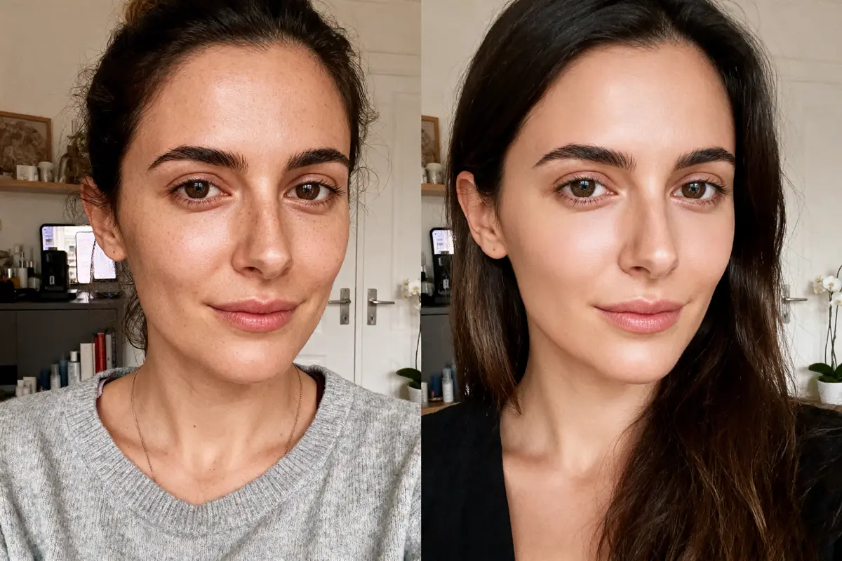 Deux portraits côte à côte d'une femme, avant et après maquillage. Arrière-plan neutre.