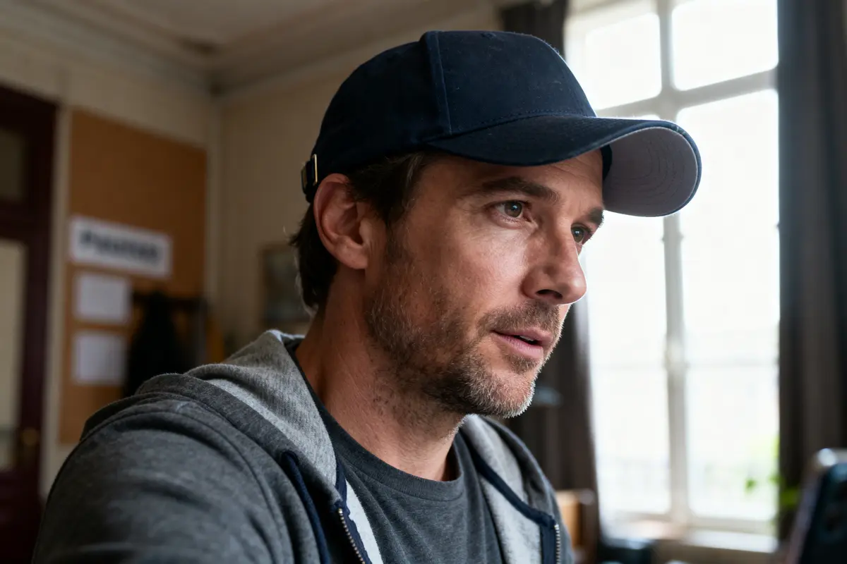 Homme en casquette et sweat gris devant fenêtre lumineuse, regard pensif.