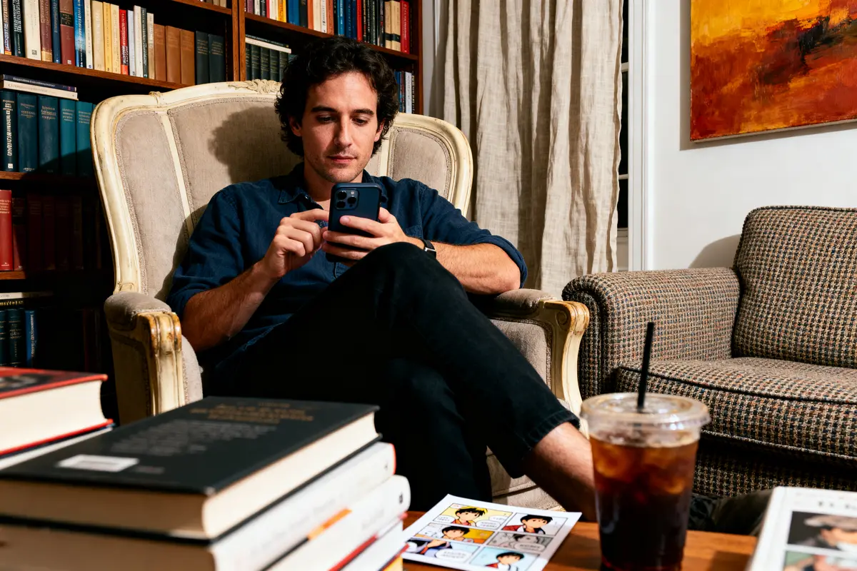 Un homme assis utilise un smartphone dans un fauteuil, entouré de livres et d'une boisson froide.