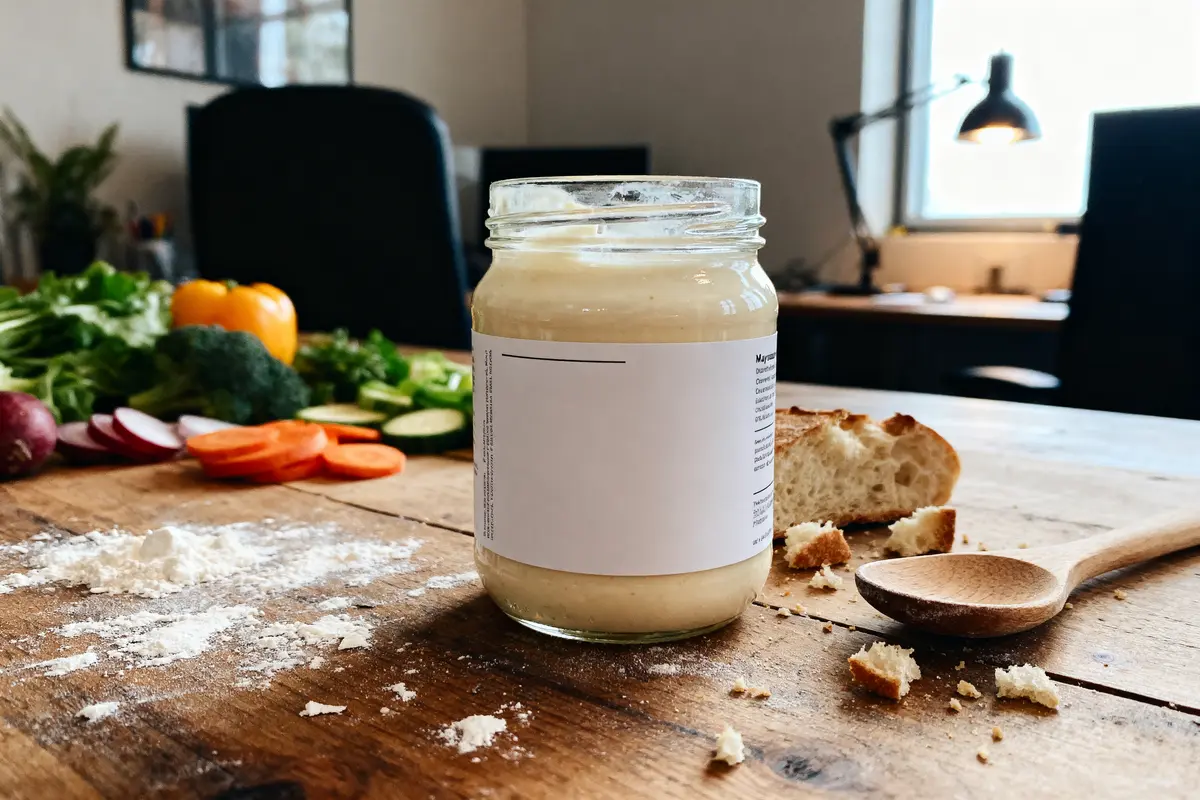 Pot de sauce sur table en bois, légumes coupés, cuillère en bois, pain et farine autour.